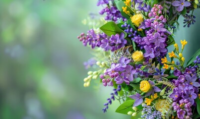 Obraz premium Lilac and laburnum flowers arranged in a wreath, closeup view, bokeh background
