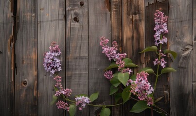 Lilac blooms against a backdrop of a rustic wooden fence, space for text