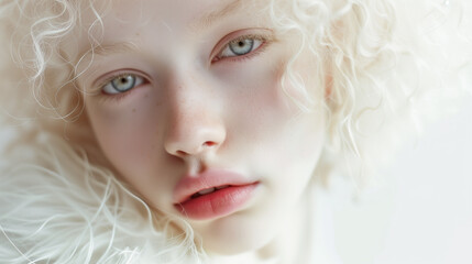 Beauty albino woman facing with white hair and blue eyes looking at the camera