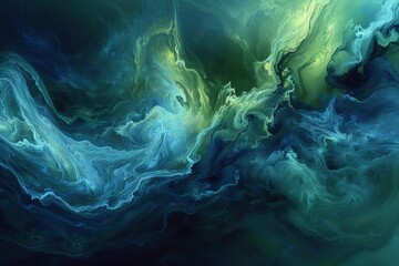   A painting of vibrant blue, green, and yellow swirls against a dark blue and green backdrop, accentuated by white swirls