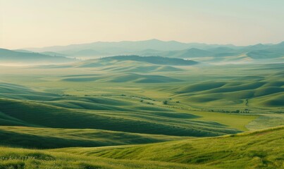 Naklejka premium Landscape with mist over the green hills