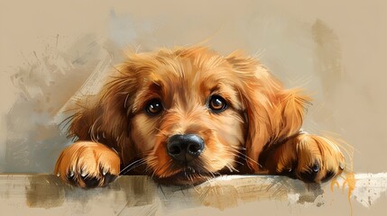 A delightful digital depicting an adorable golden retriever puppy on its first day exploring a new...