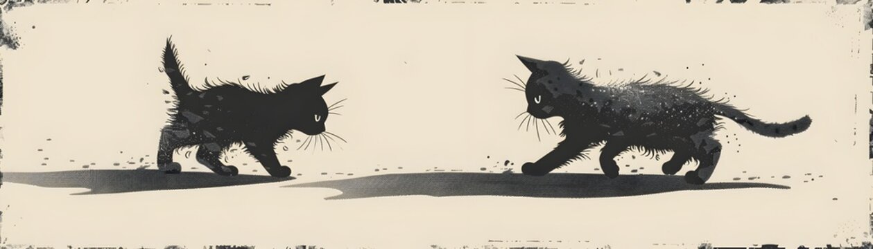 Playful Kitten Chasing its Own Shadow Hand Drawn with Copy Space