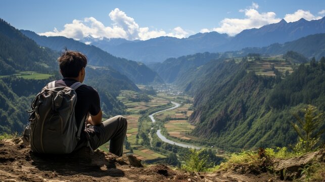 Young solo traveler watching over the valley