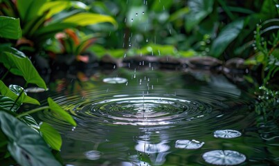 Naklejka na ściany i meble Raindrops falling into a tranquil pond surrounded by lush vegetation