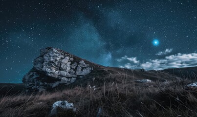 Night landscape with starry sky and rock ledge - obrazy, fototapety, plakaty