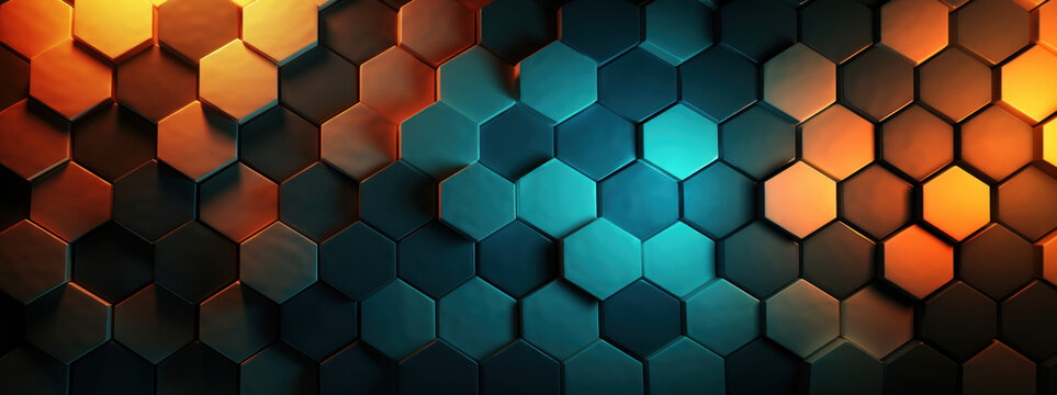 An abstract background composed of numerous blue, brown and yellow wooden hexahedrons, viewed from the top.