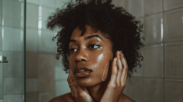 photo showing an Afro-Asian woman with skin defects taking care of herself in the bathroomi, Generative AI.