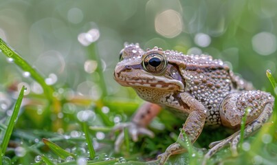 Rana arvalis in a dew-kissed meadow. Closeup view of frog in the grass