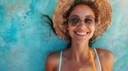 A joyful woman in a bikini and sunglasses savors a cocktail. - obrazy, fototapety, plakaty