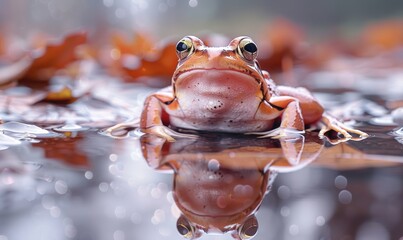Rana arvalis in a puddle after rain, closeup view of frog in water