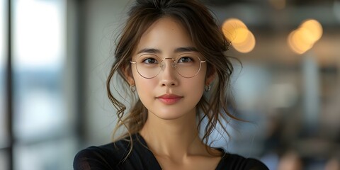 Serious Asian businesswoman in glasses with crossed arms exuding confidence in office setting. Concept Professional Portraits, Business Attire, Confidence Poses, Asian Model, Office Environment - obrazy, fototapety, plakaty