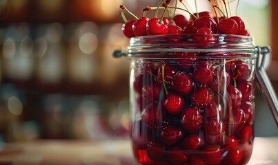 Ripe cherries showcased in a glass jar filled with clear syrup