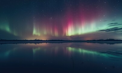 The beauty of the aurora borealis dancing across the night sky, lights reflected in lake - obrazy, fototapety, plakaty