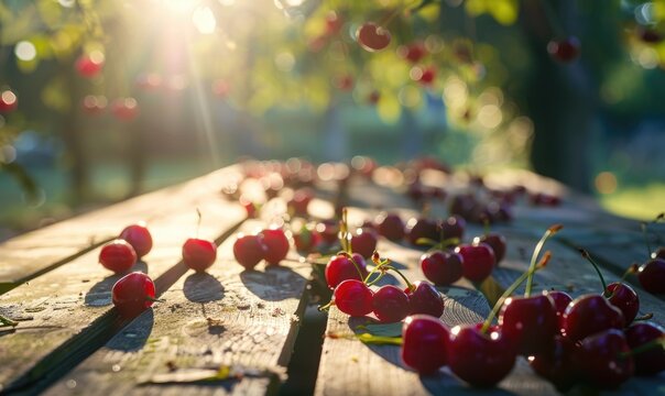 Ripe cherries scattered on a wooden picnic table in the dappled sunlight of a cherry orchard