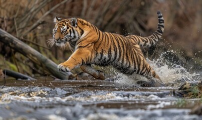 Siberian tiger in the forest river