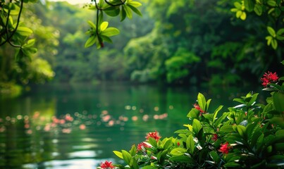 The lake surrounded by lush greenery and blooming flowers in the height of summer, summer nature...