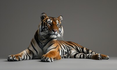 A Bengal tiger elegantly posing in front of a neutral backdrop - obrazy, fototapety, plakaty
