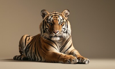 A Bengal tiger elegantly posing in front of a neutral backdrop
