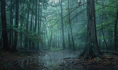 A cedar forest in the rain, nature background
