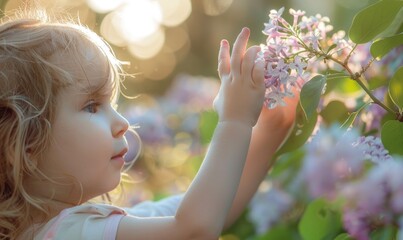 A child reaching out to touch a blooming lilac flower