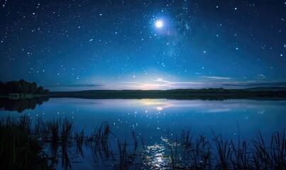 A clear night sky filled with twinkling stars and a bright full moon reflecting on the surface of a...