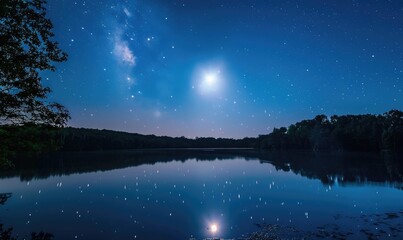 A clear night sky filled with twinkling stars and a bright full moon reflecting on the surface of a calm lake
