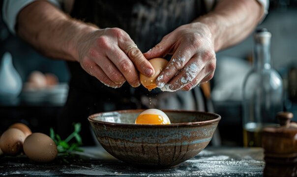 A chef cracking an egg into a mixing bowl, closeup view of hands