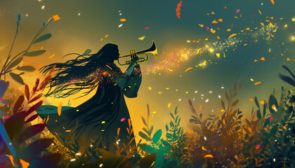 Mystical Trumpeter in Enchanted Sunset Nature