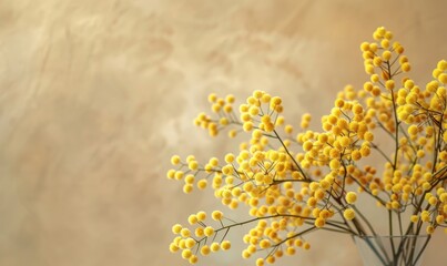 A detailed shot of Mimosa stems arranged in a vase