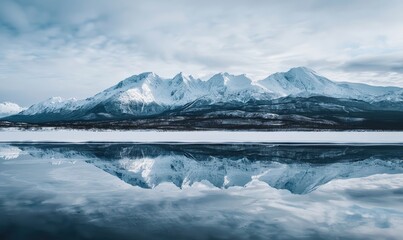 A distant view of snow-capped mountains reflected in the frozen surface of a lake - obrazy, fototapety, plakaty