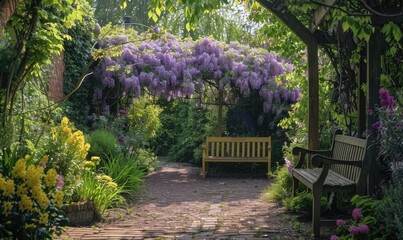A garden bench adorned with lilac-scented cushions