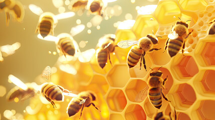 3D-rendered bees buzzing around a honeycomb frame, designed for sweet messages