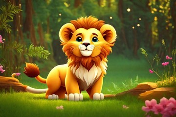 3d cartoon lion cub in the grass