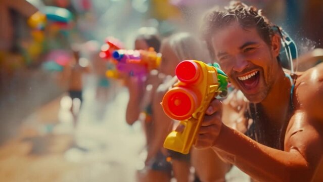 A group of tourists and foreign friends play in the water in Thailand on Songkran Celebrate Songkran Festival holding a colorful water gun.	
