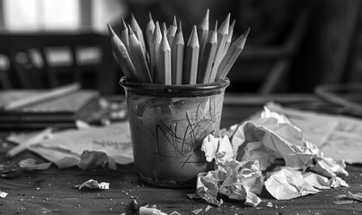 Graphite pencils arranged in a cup on a desk, surrounded by crumpled sheets of discarded white paper - Powered by Adobe