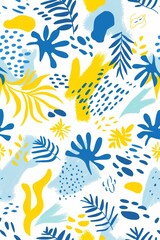 Fototapeta na wymiar Playful Blue Yellow Botanical Abstract Shapes
