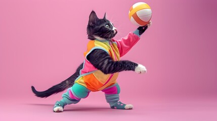 Tuxedo Cat Spiking Volleyball With Colorful Sporty Outfit On Pastel Backdrop