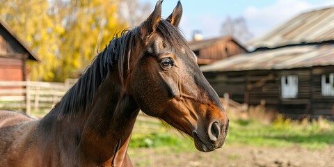 Fototapeta premium Brown horse with a shiny coat in a paddock