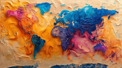 A textured abstract painting with a vivid blend of blue, orange, and pink hues evoking a sense of...
