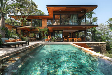 Casa con piscina exterior. Tumbonas cerca de la piscina. Casa con ventanales. Casa grande de dos plantas. 