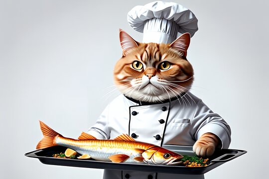cat chef with cooked fish