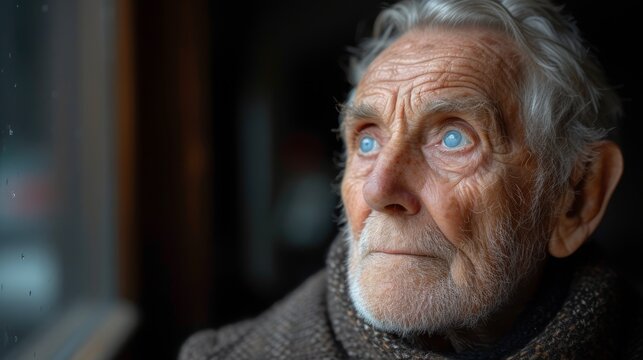   A tight shot of an elderly man, his scarf swathed around neck, gaze bearing piercing blue eyes