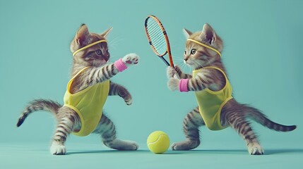 Two Kittens Engaged in a Lively Tennis Match with Full Sports Attire on Vivid Pastel Green Background - obrazy, fototapety, plakaty