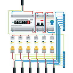 Single-phase network energy meter connection diagram.Types and components of electrical. Electrical power switch panel. Electricity equipment. Power Switch Panel. Vector illustration.