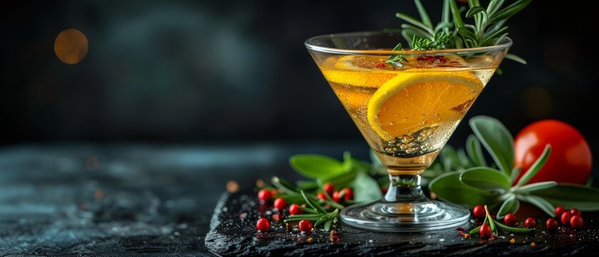   A glass holding a beverage, garnished with a rosemary sprig and an orange slice