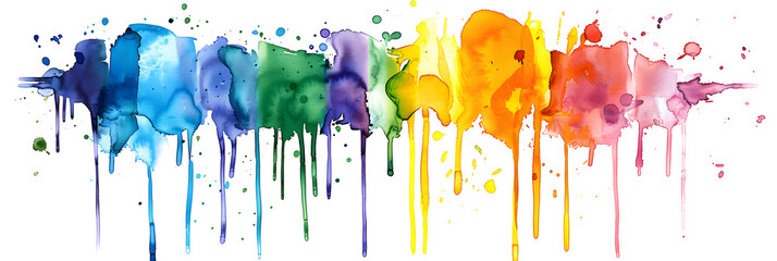 Rainbow colored dripping watercolor paint splashes on transparent background.
