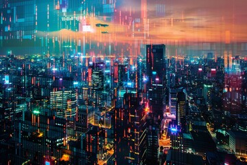 A cityscape filled with holographic projections