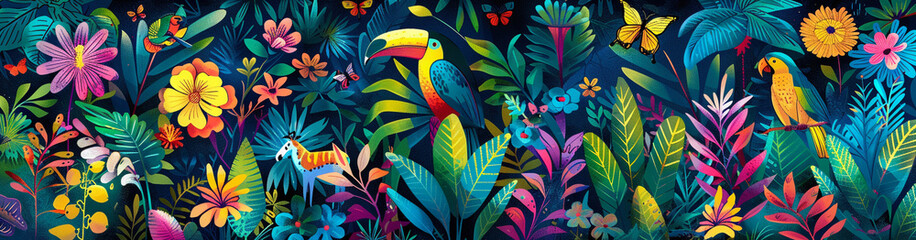 A colorful jungle scene teeming with wildlife