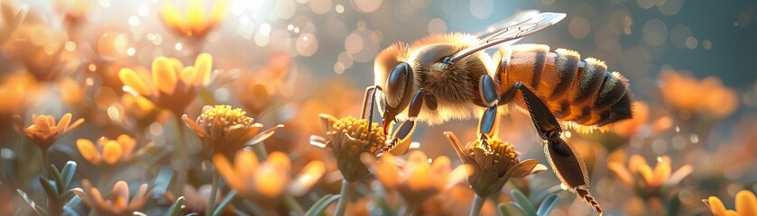 A bee pollinating a flower in a biodiverse habitat - obrazy, fototapety, plakaty